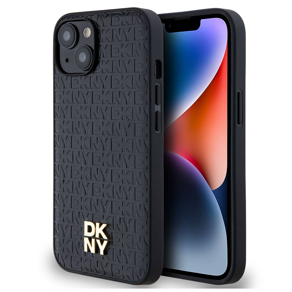 iPhone nero in una custodia DKNY nera. La custodia ha loghi DKNY in rilievo. Lo schermo mostra grafiche astratte colorate.