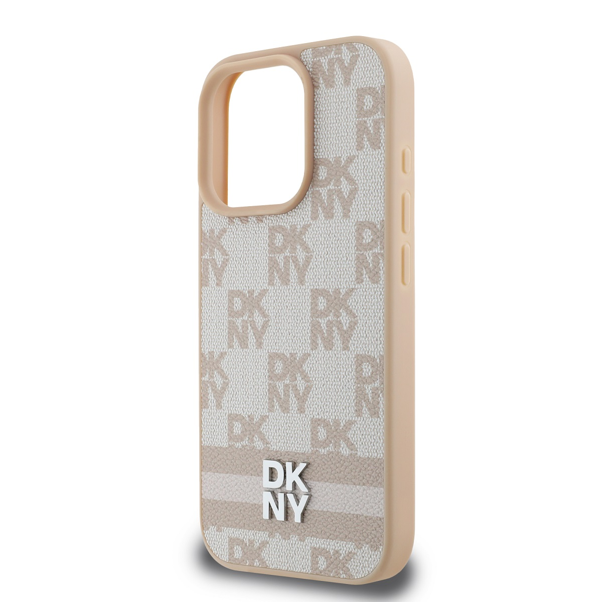Una custodia beige per telefono con logo DKNY. La custodia presenta un motivo ripetuto di lettere DKNY e una striscia beige con il logo.