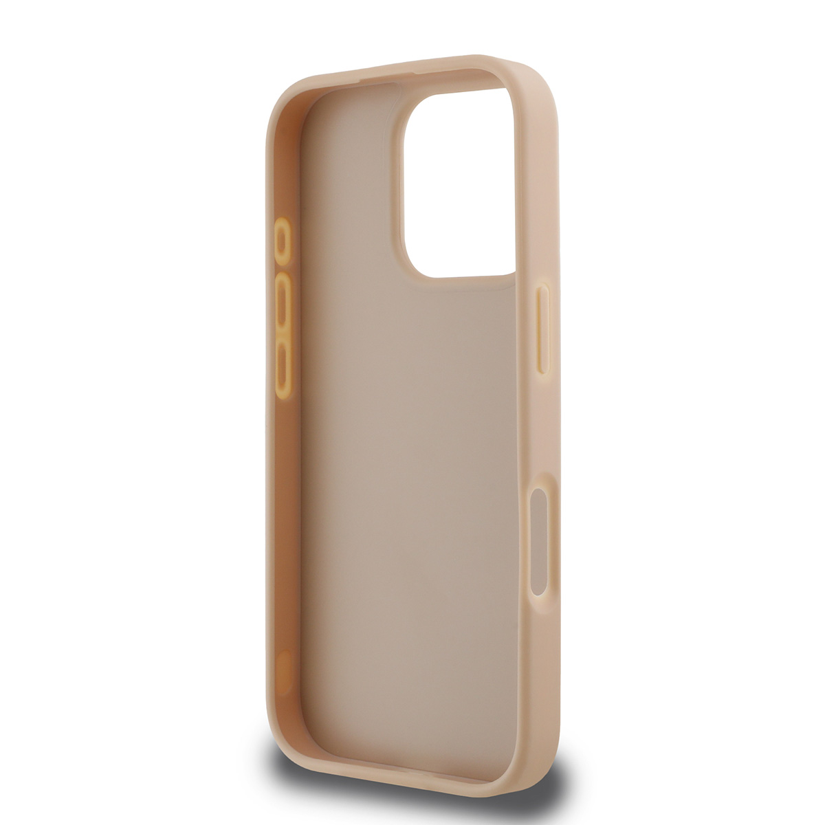Una custodia per telefono marrone chiaro su sfondo bianco. La custodia presenta fori per i pulsanti e un foro per la fotocamera.