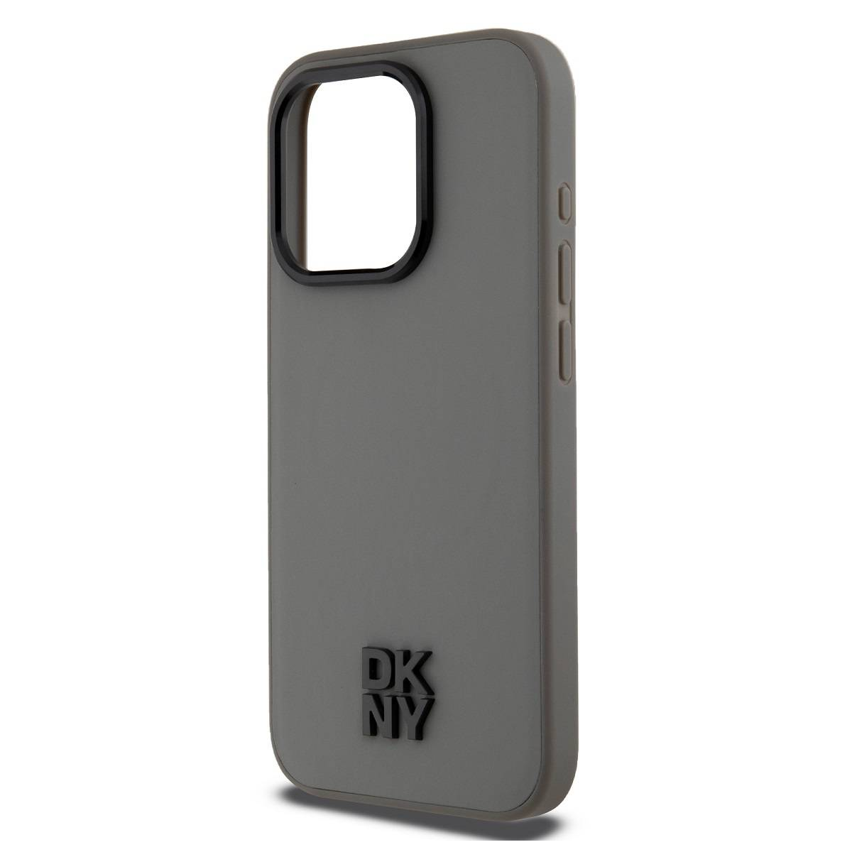 Una custodia grigia per telefono con ritaglio nero per la fotocamera e logo DKNY. Ha i pulsanti laterali.