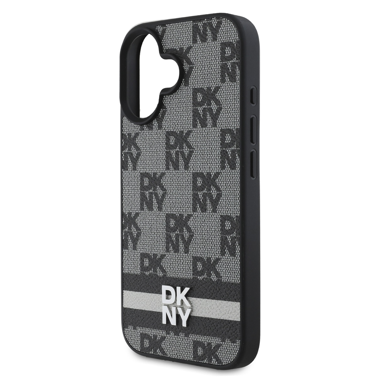 Una custodia per telefono DKNY. È nera e grigia con il logo DKNY ripetuto. C'è una striscia d'argento con il logo DKNY.