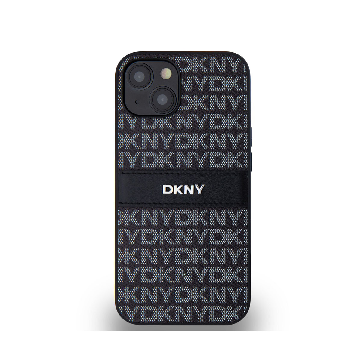 Una custodia nera per iPhone con il logo DKNY. La custodia presenta un motivo ripetuto di DKNY e New York. Lo sfondo è bianco.