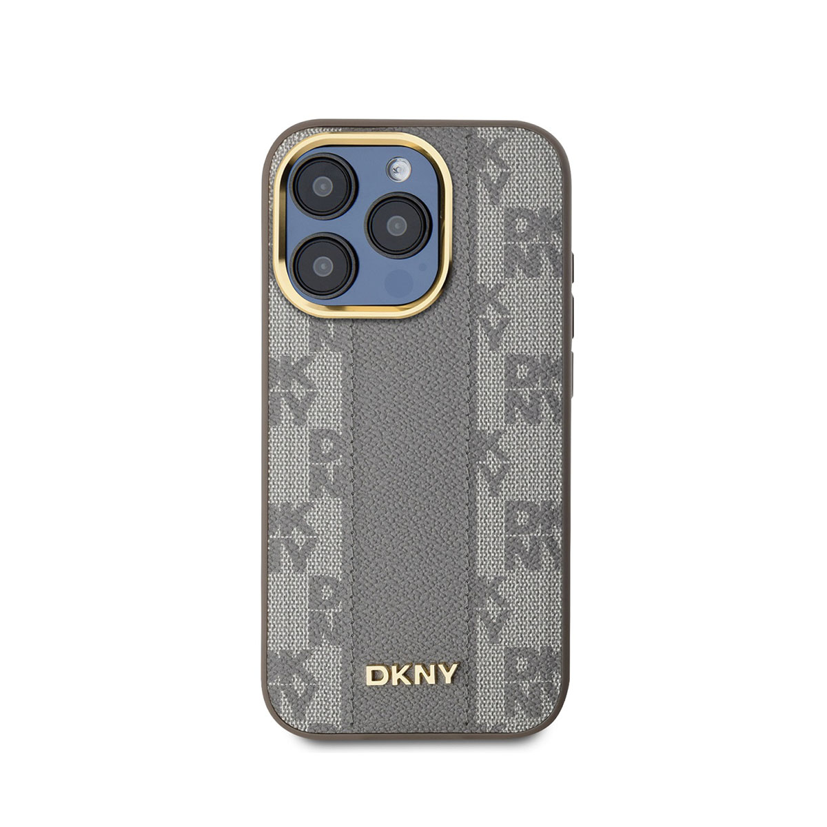 Uno smartphone in una custodia grigia DKNY. La custodia presenta un motivo con il logo DKNY e una striscia verticale. Le lenti della fotocamera sono visibili.