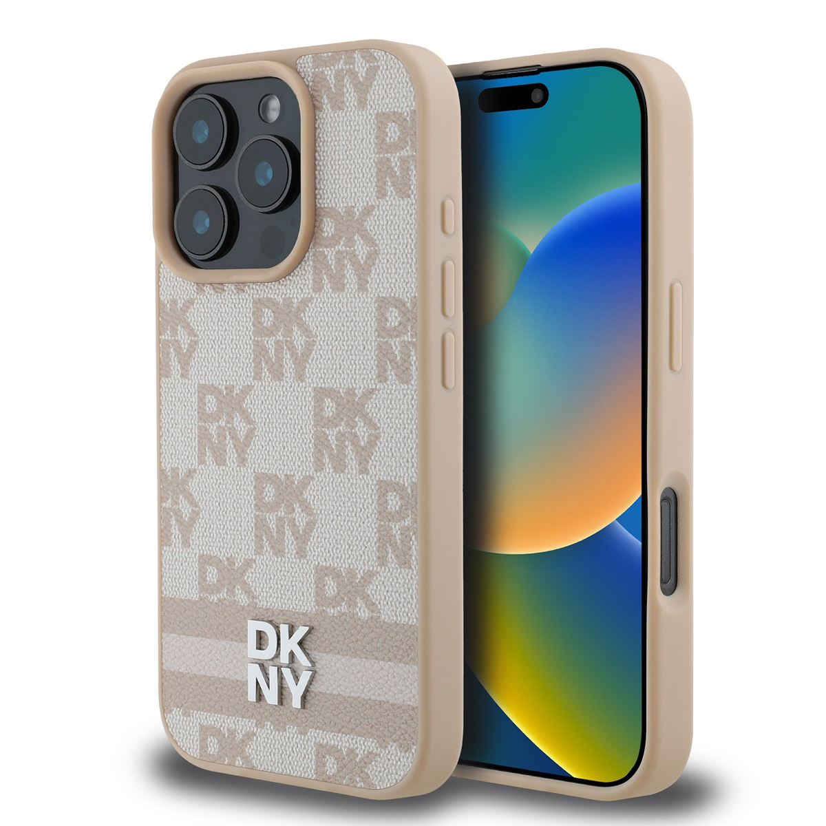 Un iPhone beige con una custodia DKNY. La custodia presenta un motivo di loghi DKNY e un logo argentato. Lo schermo mostra uno sfondo colorato.