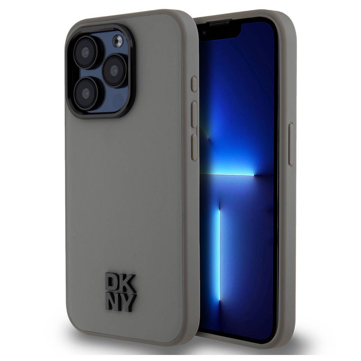 Una custodia grigia per telefono con modulo fotocamera nero e logo DKNY. Lo schermo mostra una sfumatura blu.