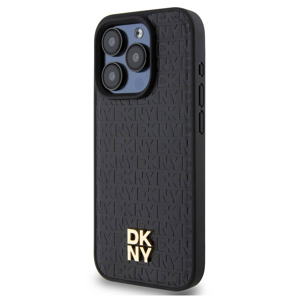 Schwarze Handyhülle mit geprägtem DKNY-Logo. Die Hülle hat Kameraausschnitte und Seitentasten. Der Hintergrund ist schlicht.