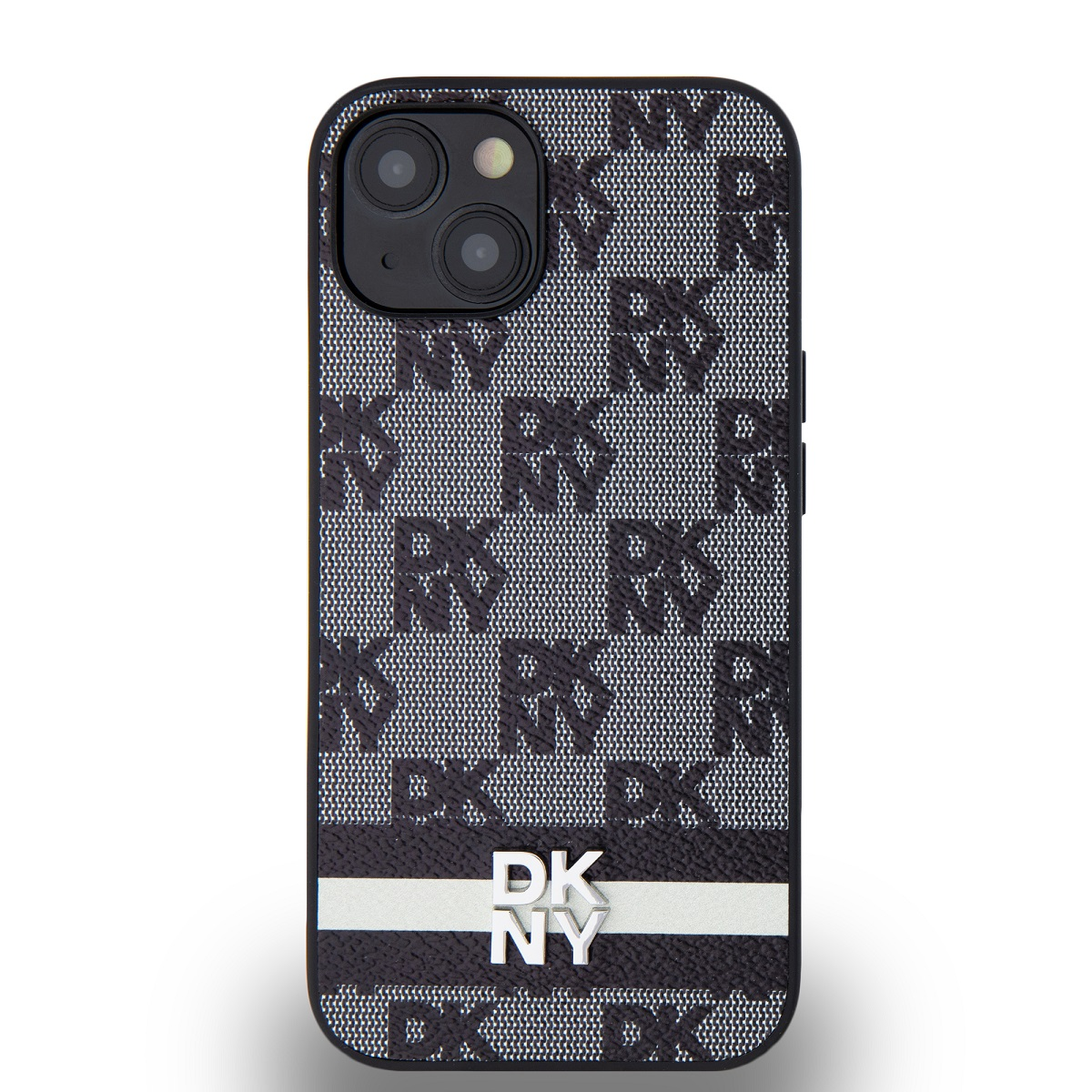 Schwarze iPhone-Hülle mit DKNY-Logo. Die Hülle hat ein Muster aus DKNY-Logos auf schwarzem und weißem Hintergrund. Weißer Streifen.