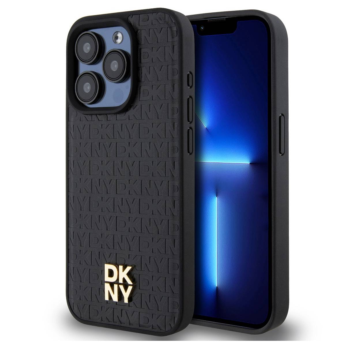 Schwarzes iPhone mit DKNY-Hülle. Die Hülle hat geprägte Schrift und ein goldenes DKNY-Logo. Der Bildschirm zeigt einen blauen Farbverlauf.