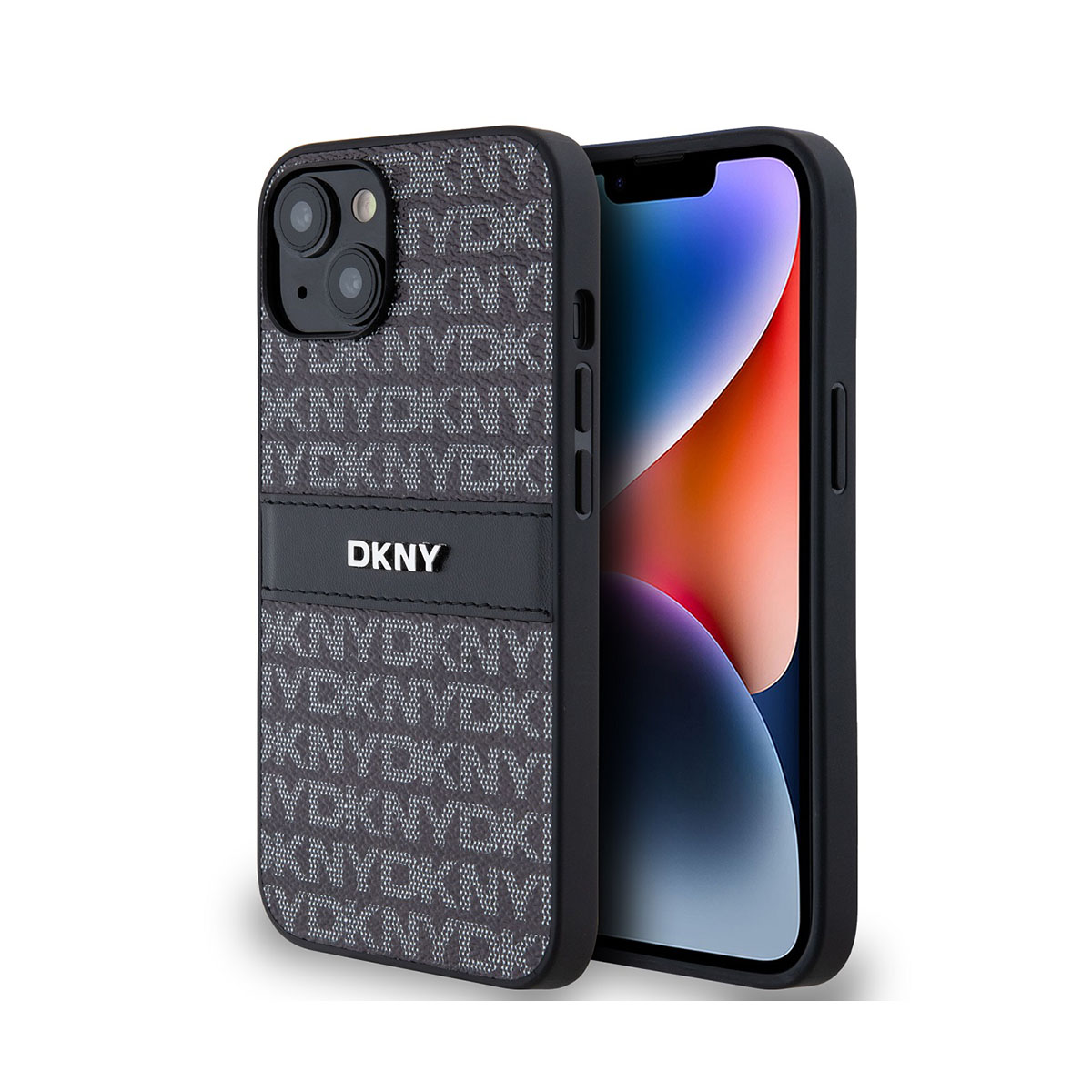 Un iPhone nero in una custodia DKNY. La custodia è nera con un motivo DKNY ripetuto e una striscia di pelle con il nome del marchio.