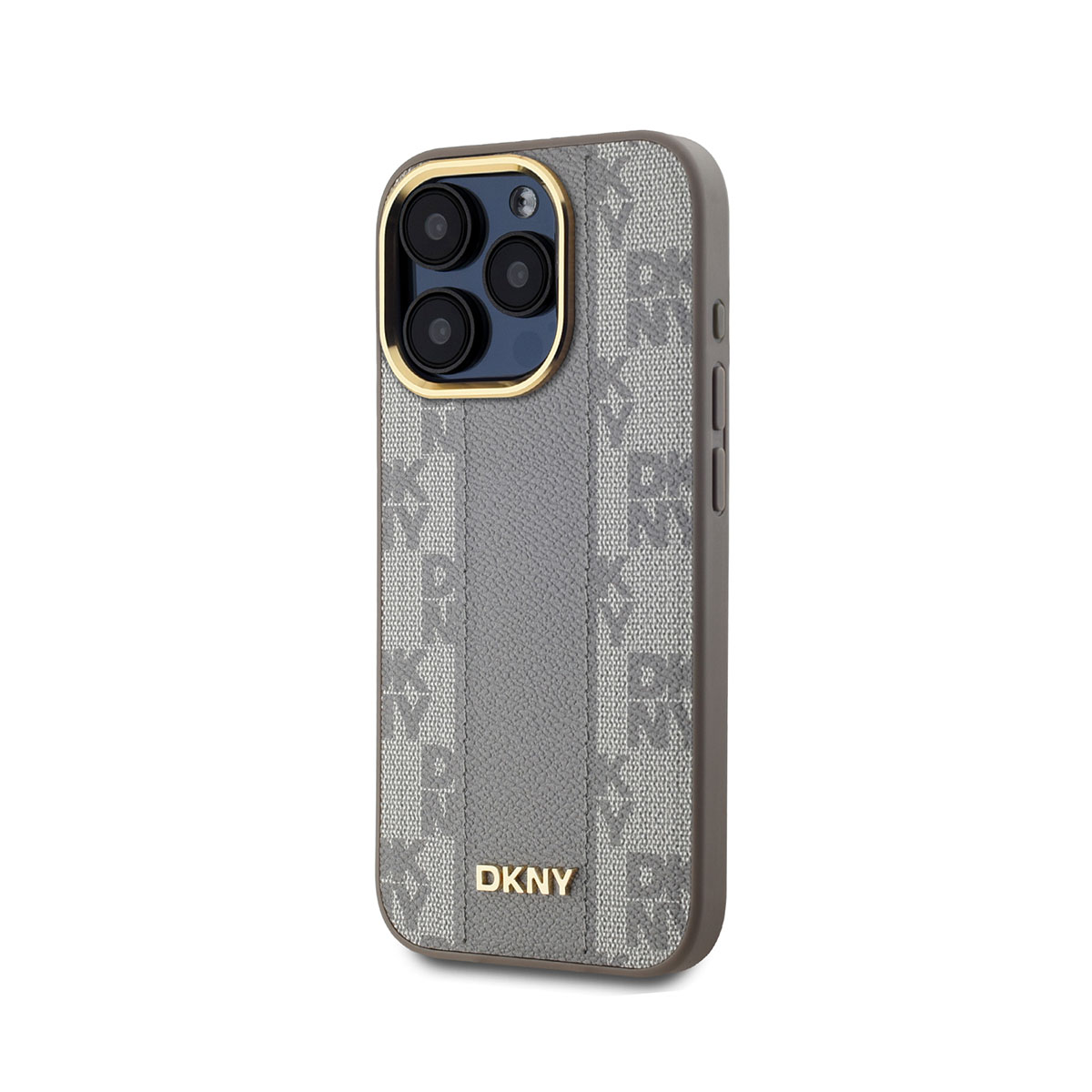Una custodia per telefono DKNY grigia con un anello dorato per la fotocamera. La custodia ha un motivo con loghi DKNY e una striscia grigia al centro.
