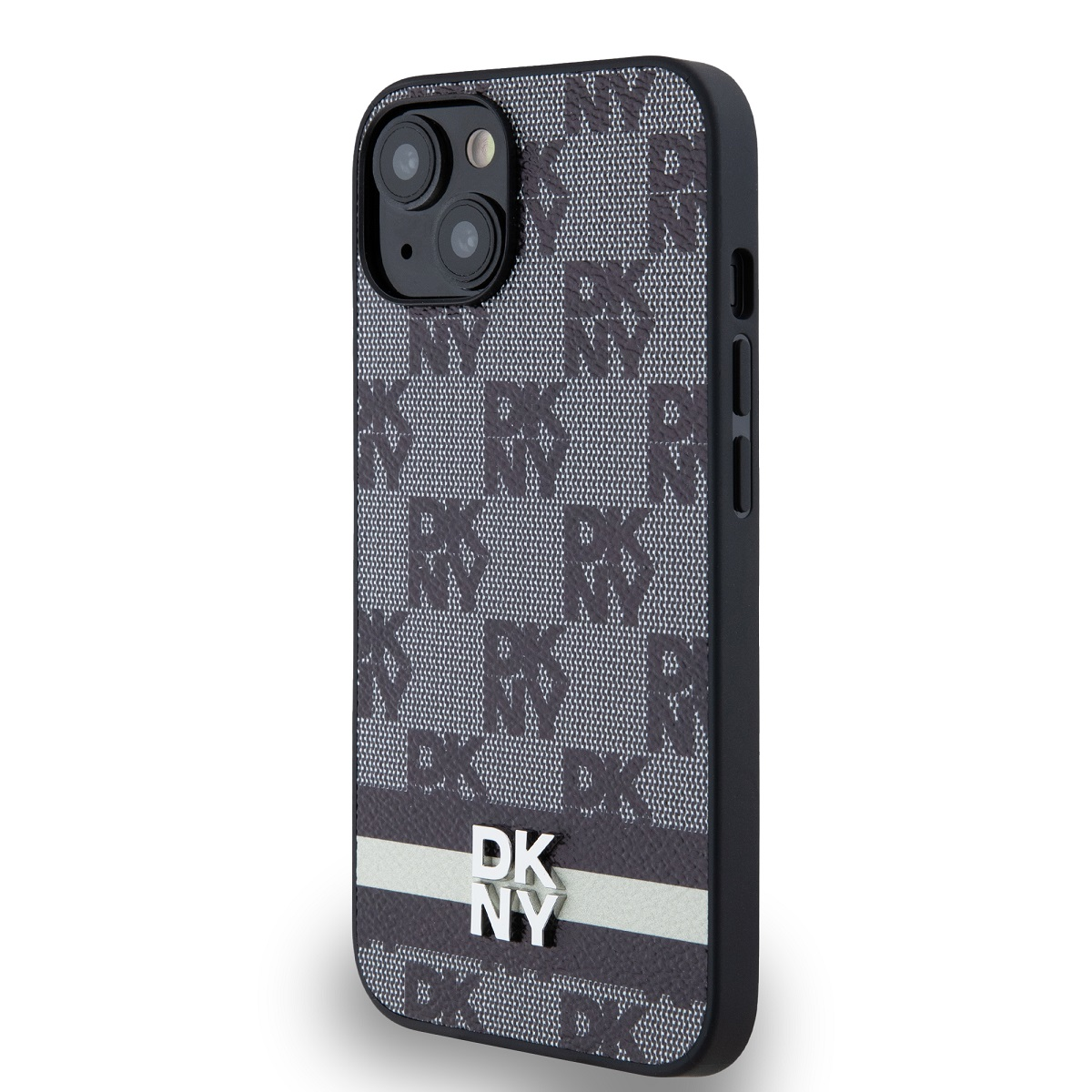 Eine iPhone-Hülle mit DKNY-Muster. Dunkelgrau mit weißen Streifen und Logo. Die Hülle hat einen schwarzen Rahmen und Kamerahügel.