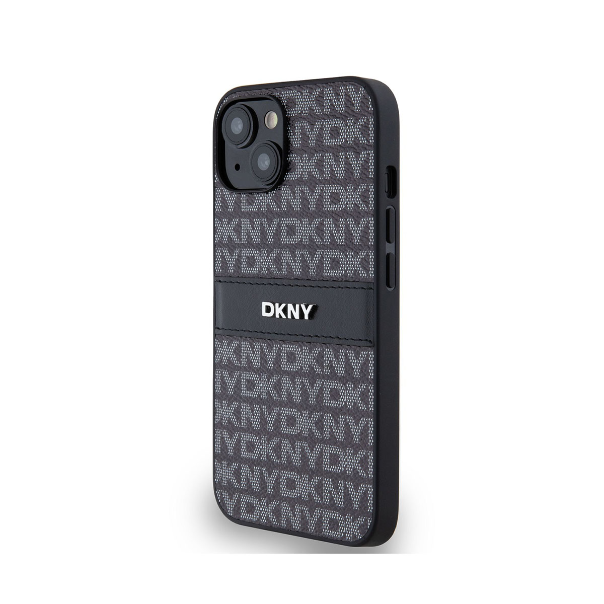 Una custodia nera per iPhone con logo DKNY. La custodia ha un motivo di lettere DKNY bianche. Il telefono ha una fotocamera.
