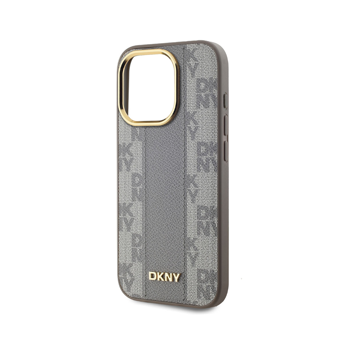 Una custodia per telefono DKNY grigia con dettagli dorati. La custodia ha una striscia grigia centrale e il logo DKNY. Sfondo bianco.