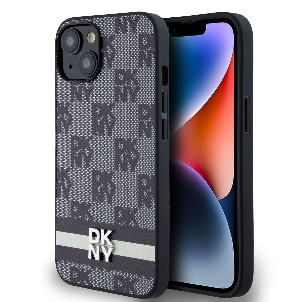 Ein iPhone in einer DKNY-Hülle. Die Hülle ist grau mit wiederholten DKNY-Logos. Der Telefonbildschirm ist sichtbar. Der Hintergrund ist weiß.