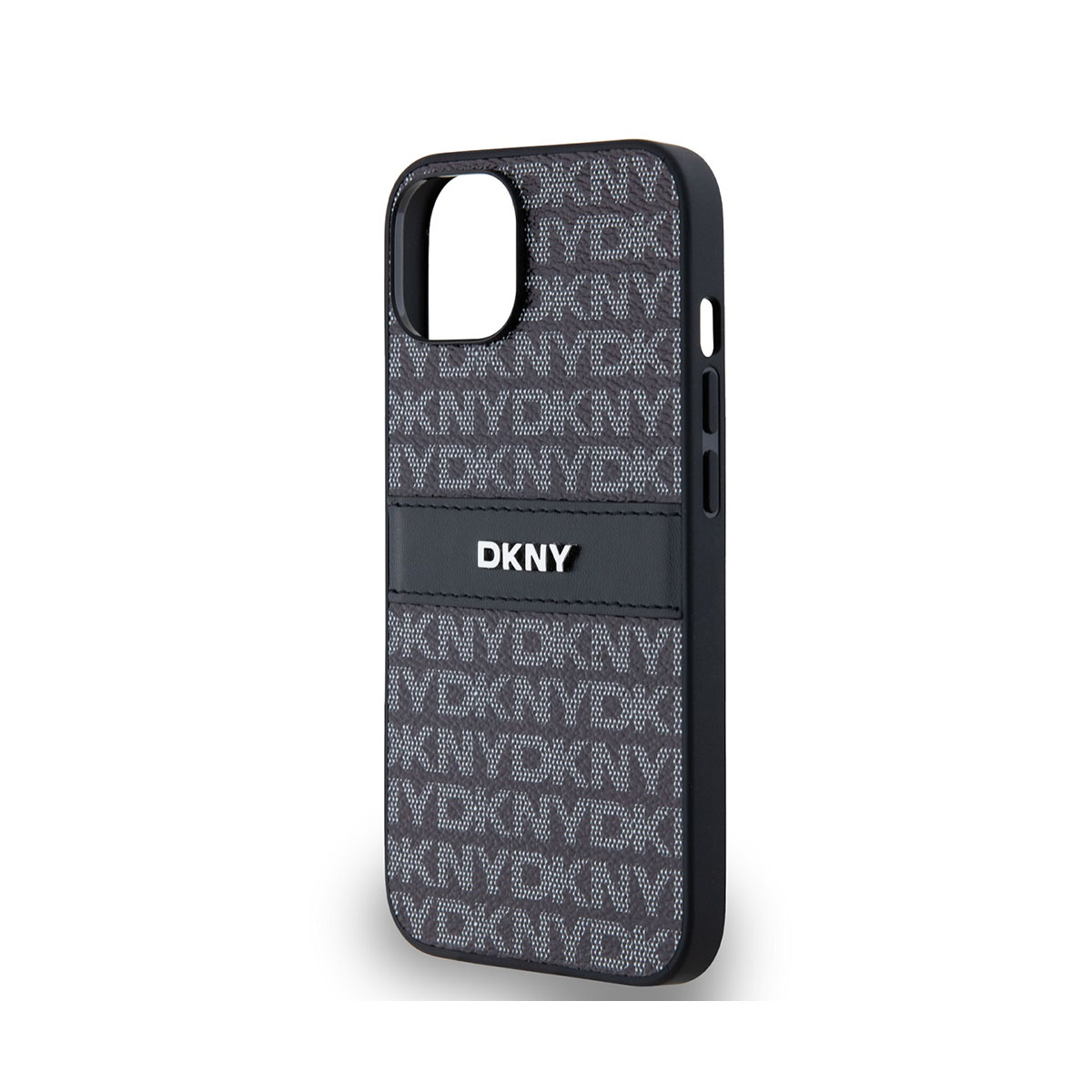 Custodia per telefono DKNY nera. La custodia è decorata con loghi DKNY. Il marchio è su una fascia nera. La custodia ha un ritaglio per la fotocamera.