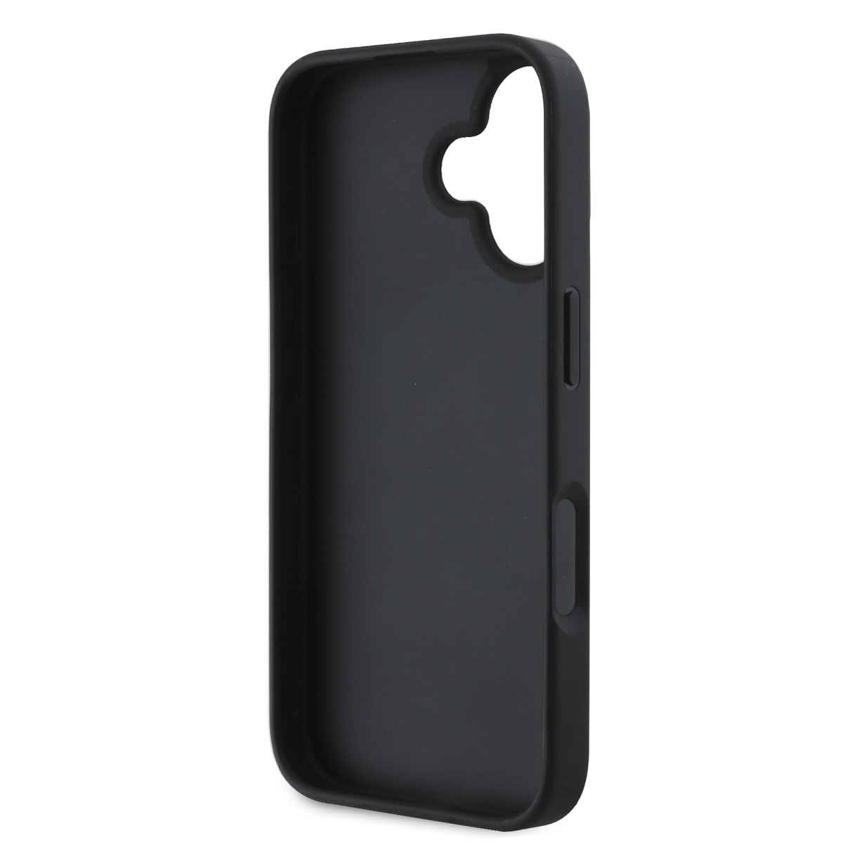 Una custodia nera per telefono su sfondo bianco. La custodia ha ritagli per fotocamera e pulsanti.