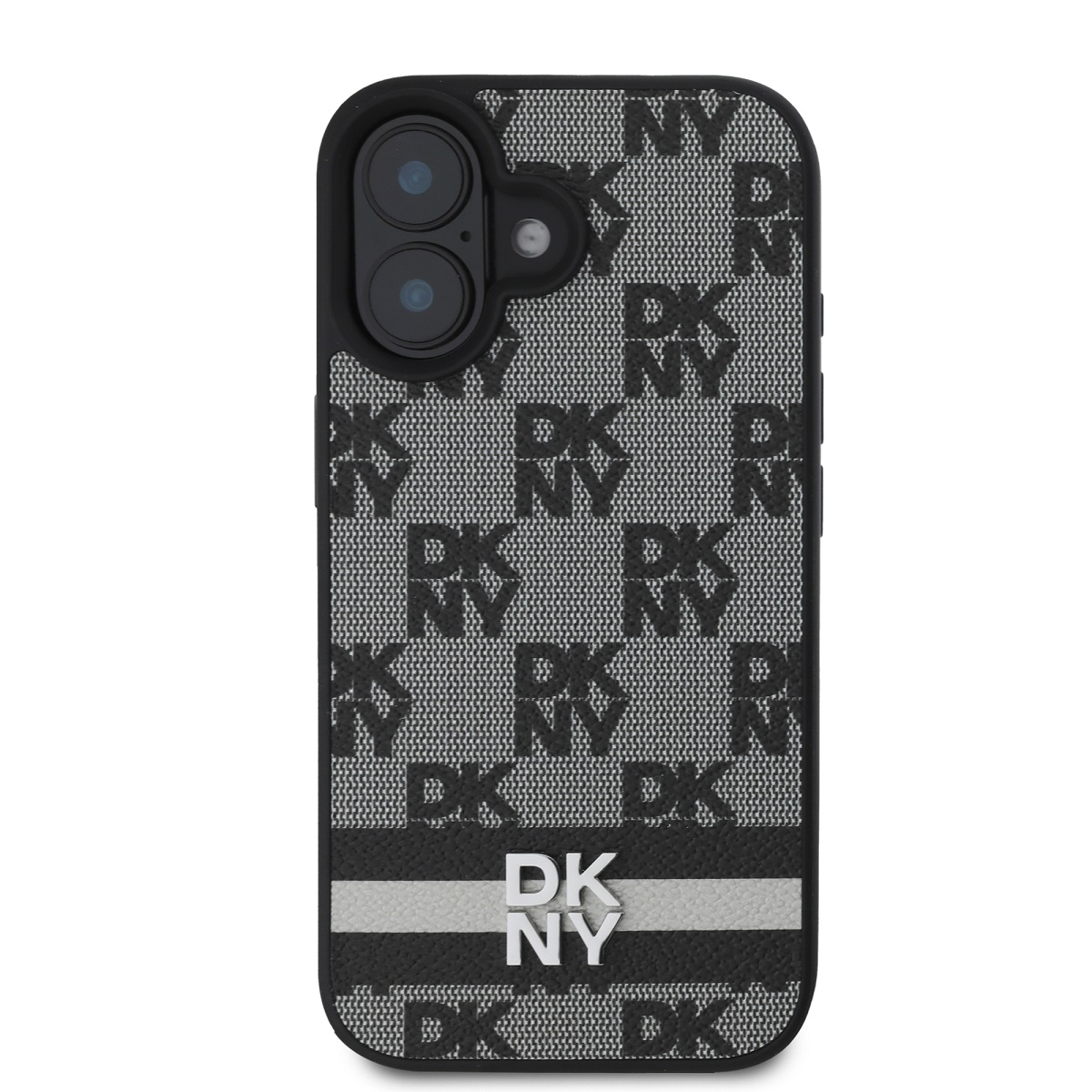 Una custodia per telefono con motivo DKNY grigio. Ha bordi neri e una striscia argentata con il logo DKNY in basso.