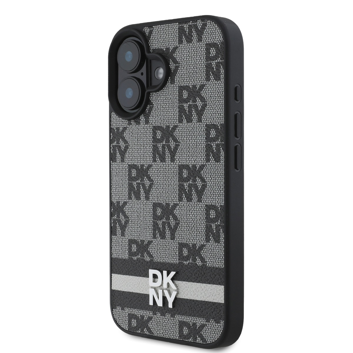 Una custodia per telefono con un motivo DKNY nero e grigio. La custodia ha un bordo nero e il logo DKNY è in basso.