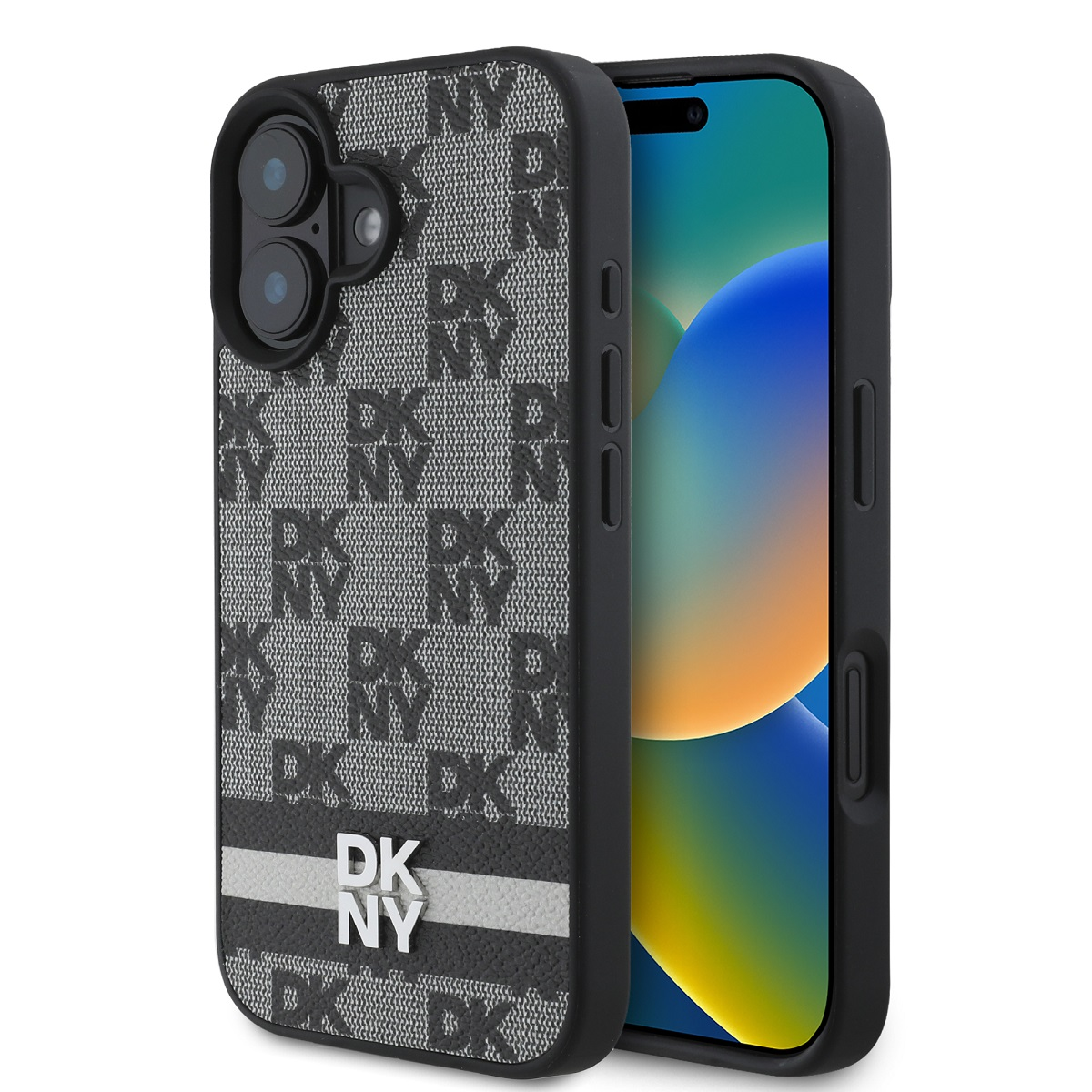 Un telefono con custodia DKNY. La custodia è nera e grigia con un motivo ripetuto del logo DKNY. Lo schermo del telefono è visibile.