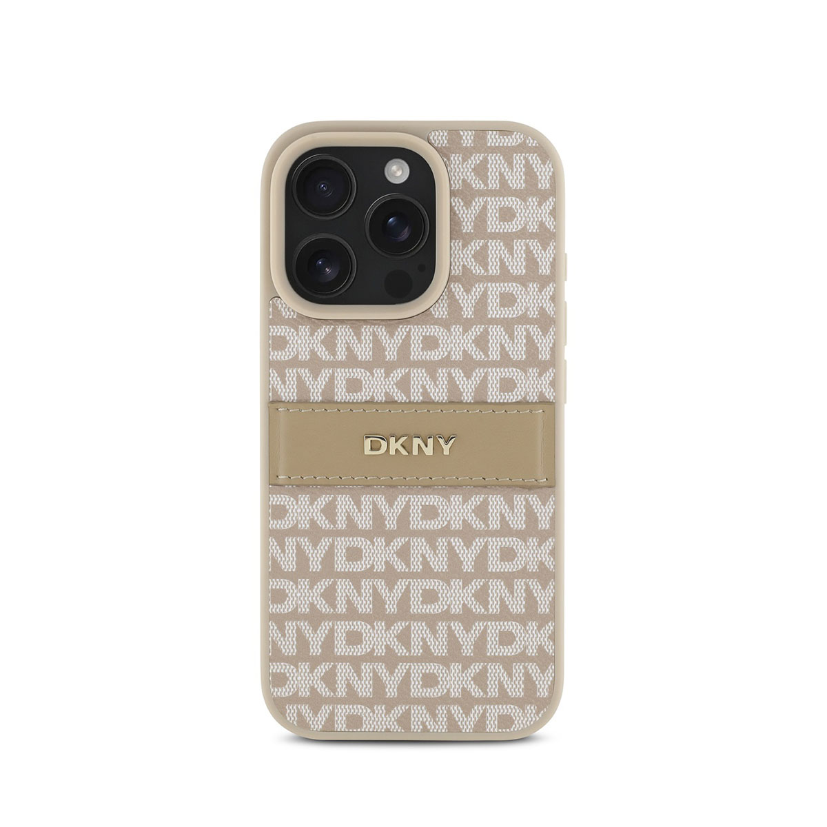 Una custodia per telefono con un motivo ripetuto del logo DKNY in bianco su sfondo beige. La custodia ha un ritaglio per la fotocamera e un cinturino beige.