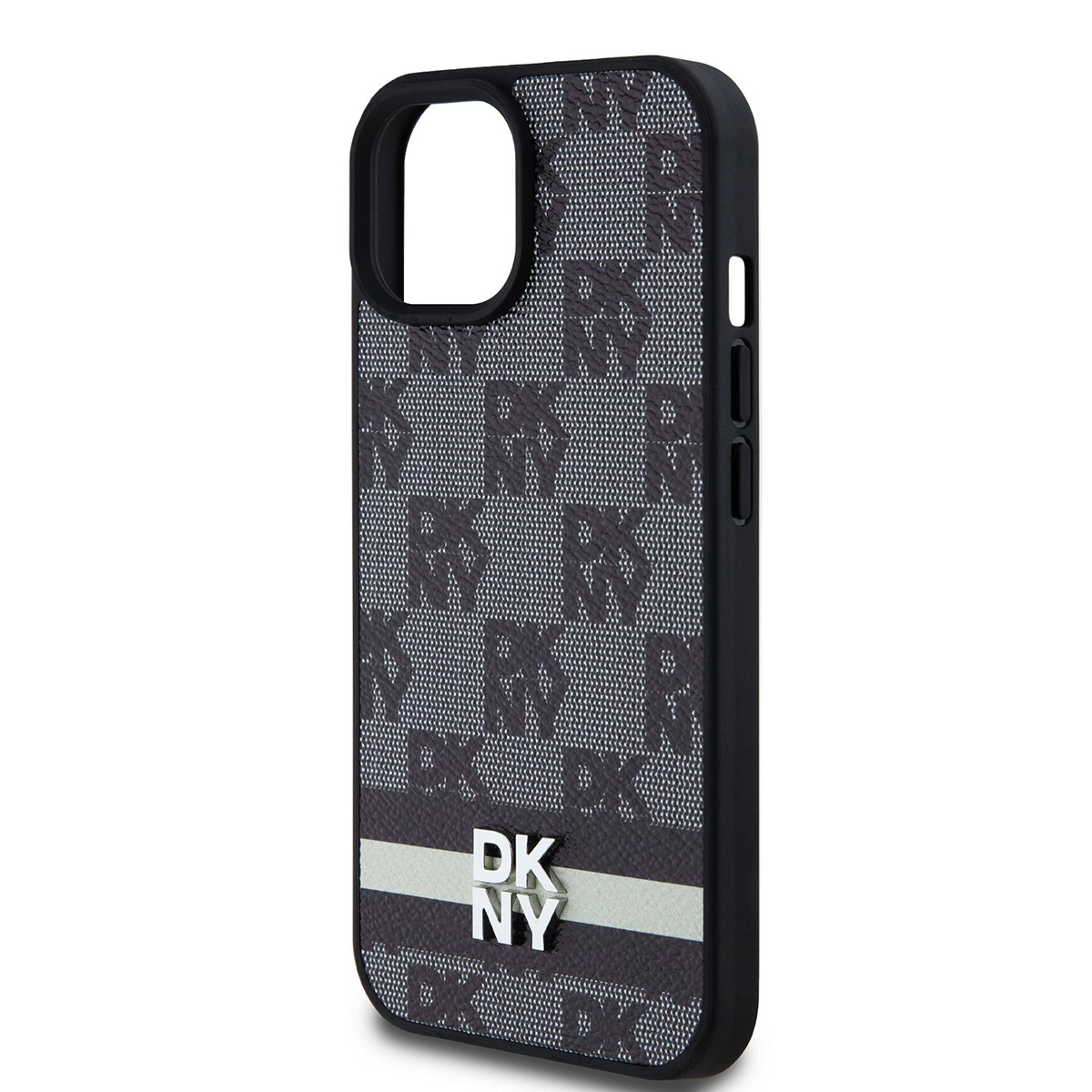 Una custodia nera per telefono con motivo grigio DKNY. Ha una striscia bianca e il logo DKNY in basso.