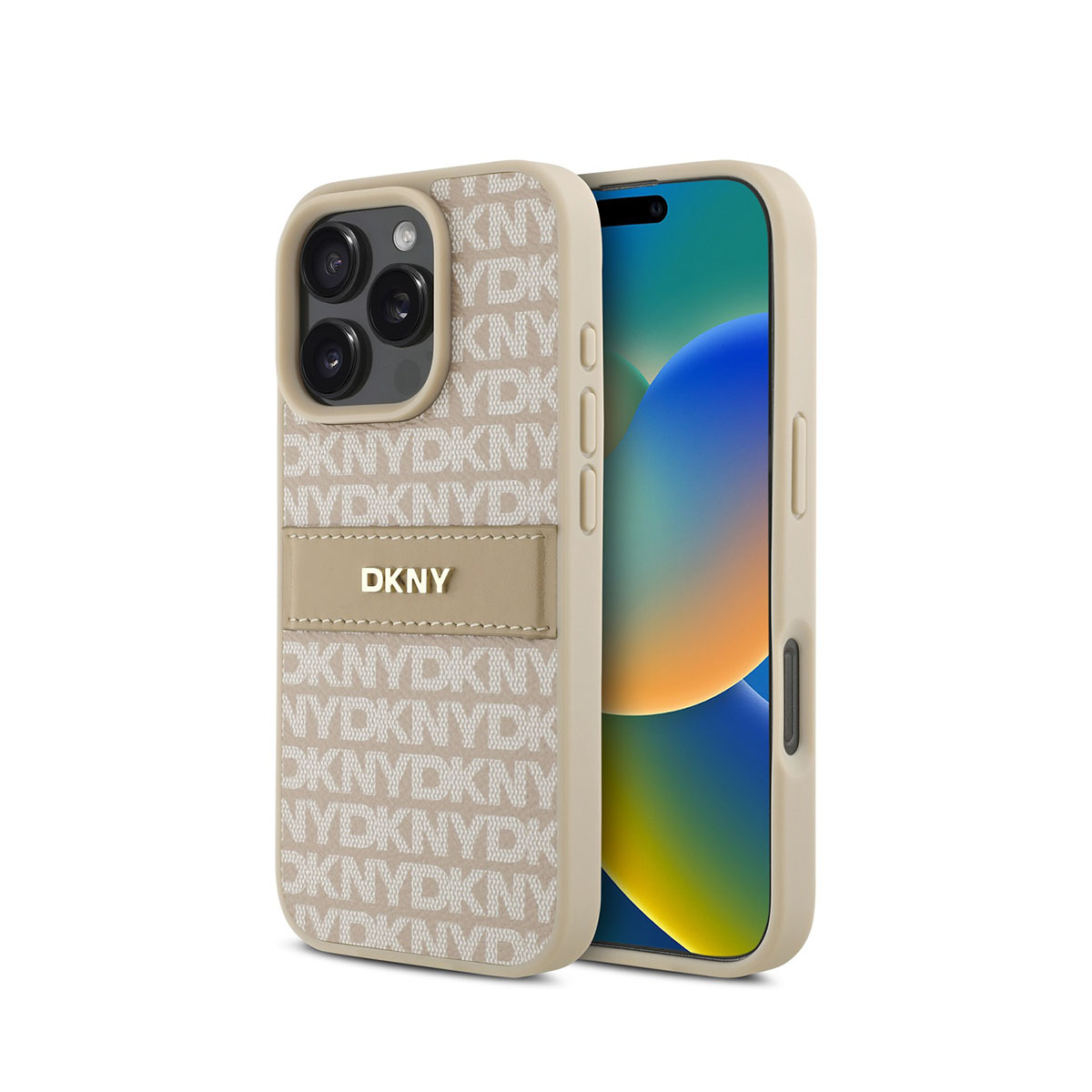 Un iPhone beige con una custodia DKNY. La custodia ha un motivo con le lettere DKNY e YDK. Lo schermo mostra uno sfondo colorato.