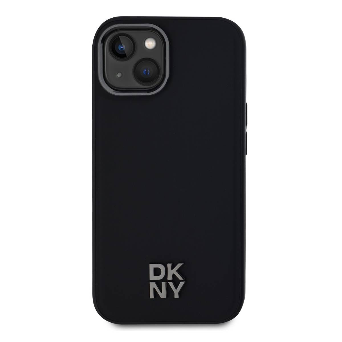 Una custodia nera per iPhone con fotocamera in alto e logo DKNY in basso. Lo sfondo è bianco.