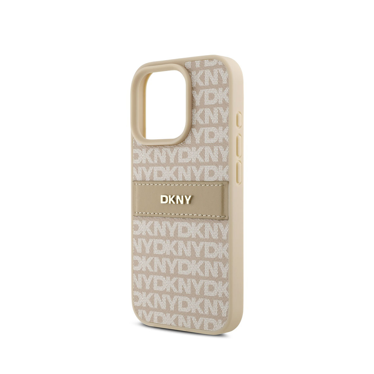 Una custodia per telefono beige con il logo 'DKNY' e il testo 'DKNY' ripetuto. La custodia ha un foro per la fotocamera e pulsanti laterali.