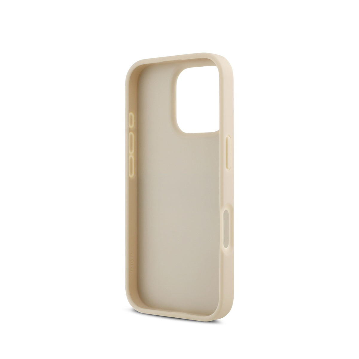 Una custodia per telefono beige. Ha ritagli per la fotocamera e i pulsanti. La custodia è realizzata in un materiale liscio e opaco.