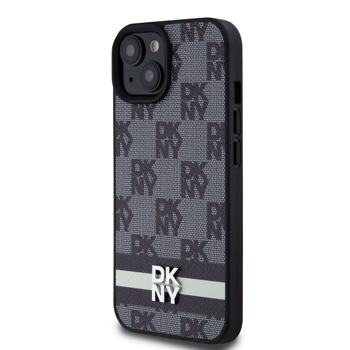 Una custodia nera per iPhone con logo DKNY. La custodia presenta un motivo con loghi DKNY. Ha una striscia bianca e un bordo nero.