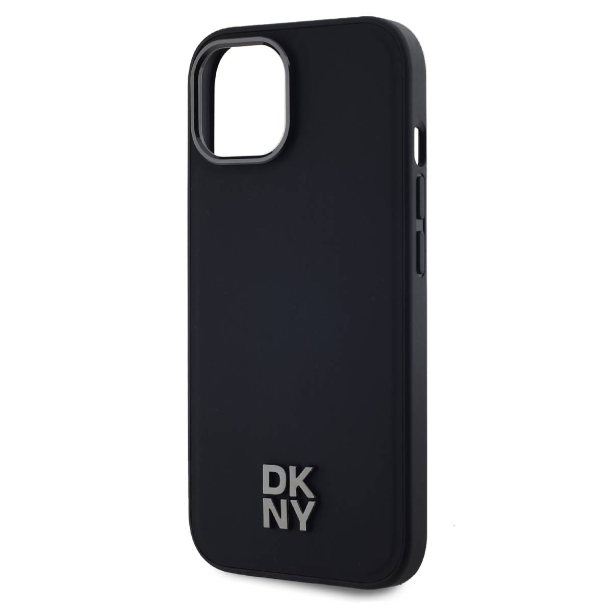 Una custodia nera per telefono con il logo DKNY. Ha un ritaglio per la fotocamera e pulsanti laterali. La custodia è in materiale opaco.