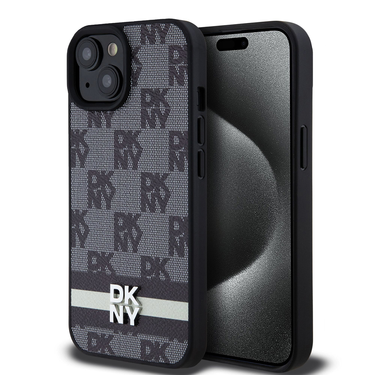 Una custodia per telefono nera con un motivo grigio DKNY e un telefono nero accanto.
