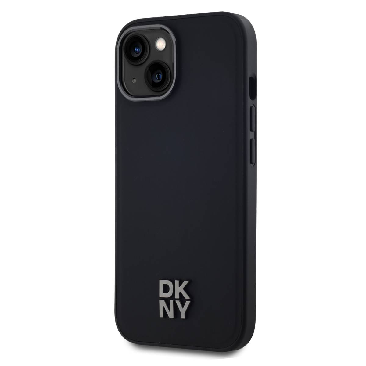 Custodia nera per iPhone con logo DKNY. Dispone di due lenti per fotocamera e pulsanti del volume laterali.