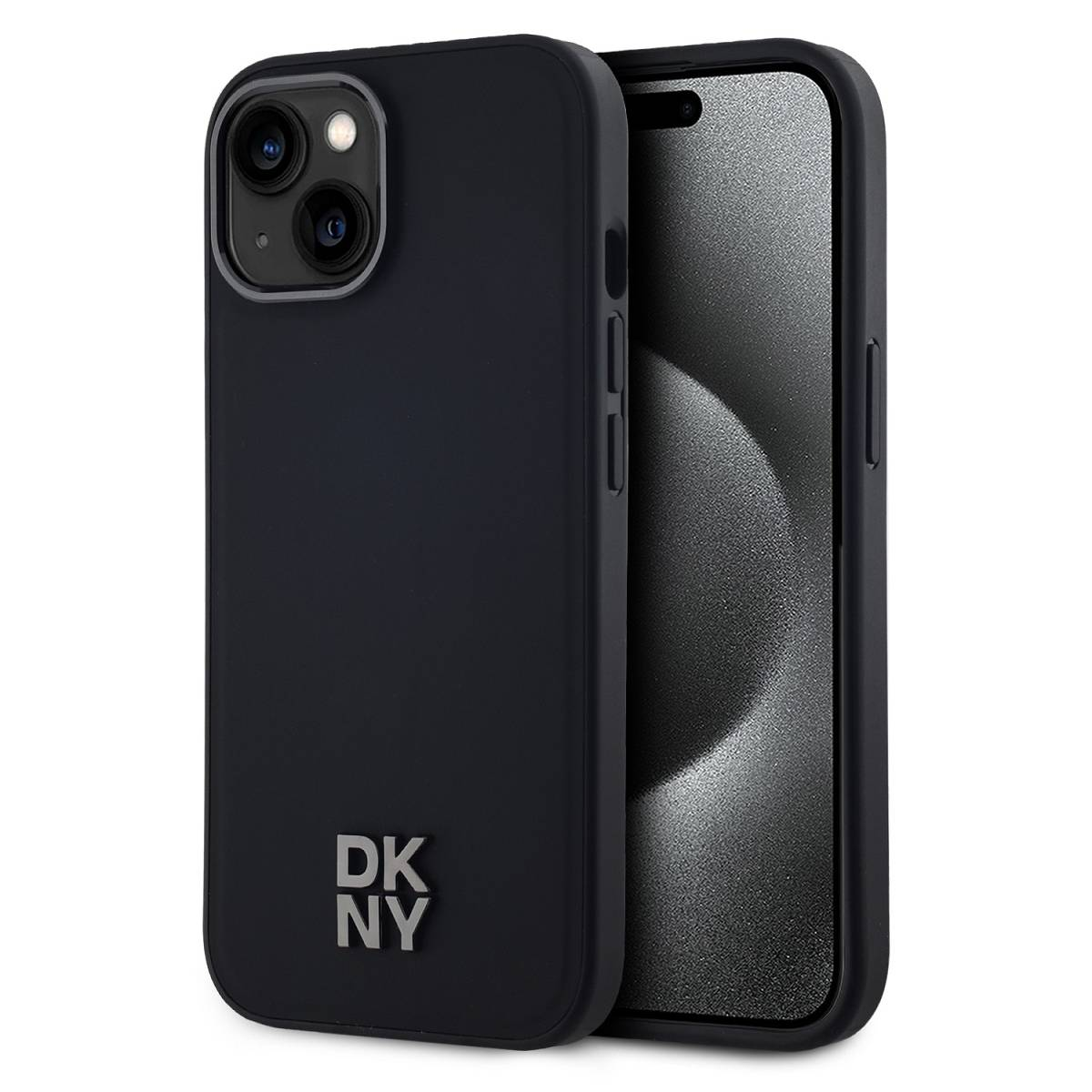 Un iPhone nero in una custodia DKNY nera. Lo schermo del telefono è visibile. La custodia ha aperture per la fotocamera e un logo.