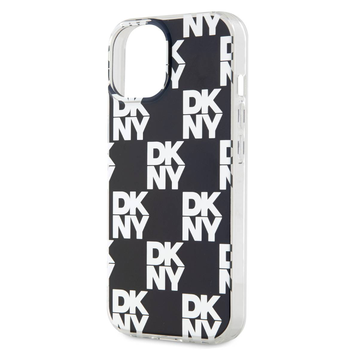 Una custodia trasparente per telefono con interno nero. L'interno presenta un motivo ripetuto del logo bianco 'DKNY'.