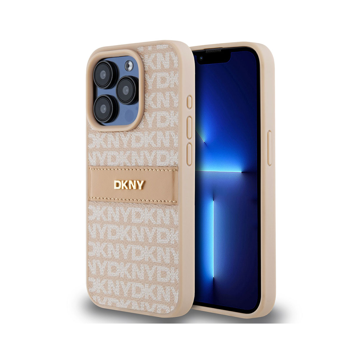 Un iPhone con custodia DKNY beige. La custodia ha un motivo strutturato e il logo DKNY. Lo schermo del telefono emette una luce blu.
