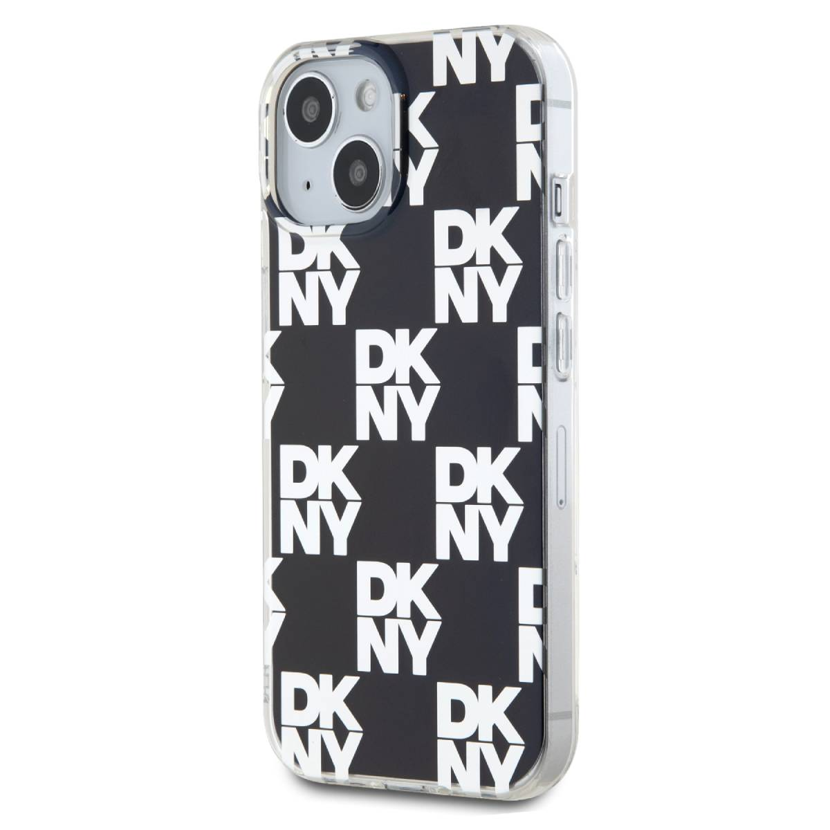 Una custodia nera per iPhone con loghi bianchi DKNY NY. Il telefono ha un bordo trasparente.