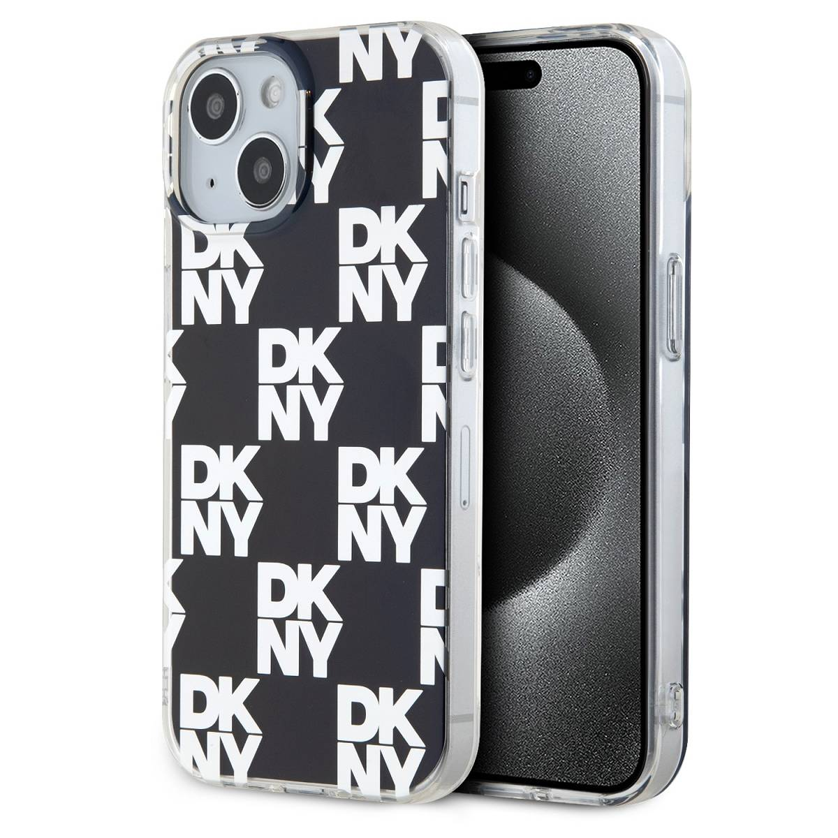 iPhone con custodia DKNY. La custodia è nera con il logo bianco DKNY NY. Lo schermo del telefono è nero. La custodia trasparente circonda il telefono.
