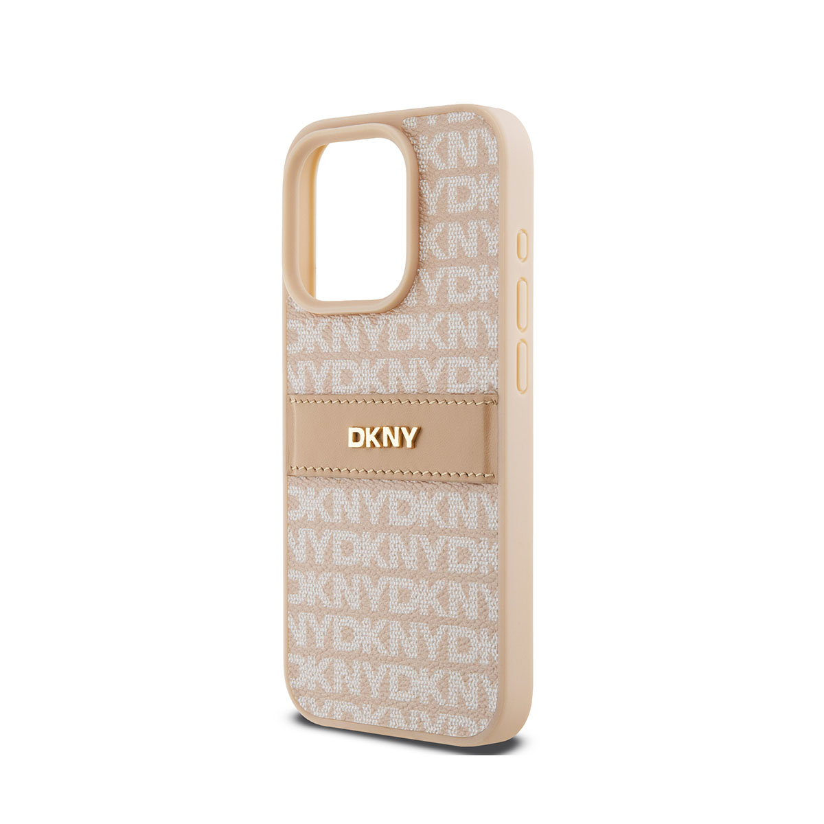 Una custodia per telefono DKNY. Beige con logo stampato. Il logo DKNY è centrato su una striscia di pelle beige. La custodia è su sfondo bianco.
