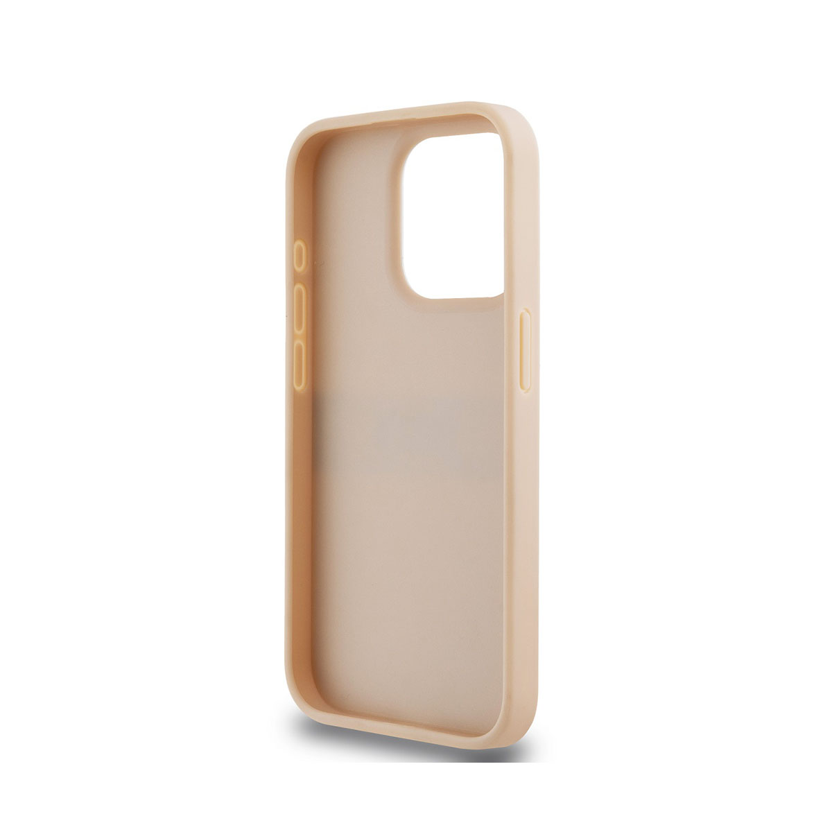Una custodia per telefono beige è mostrata su sfondo bianco. Ha una forma rettangolare arrotondata con aperture per la fotocamera e i pulsanti.