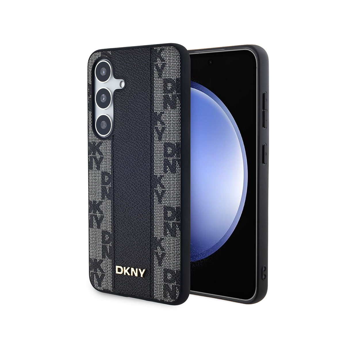 Una custodia nera con logo DKNY e un telefono nero. La custodia ha un design a fantasia.