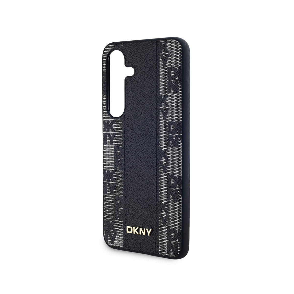 Una custodia per telefono nera con logo e motivo DKNY. La custodia è in piedi su uno sfondo bianco.