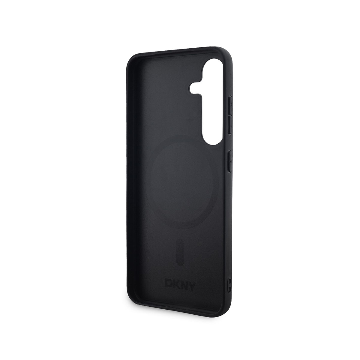 Custodia per telefono DKNY nera. Presenta un ritaglio per la fotocamera, pulsanti laterali e un design circolare sul retro.