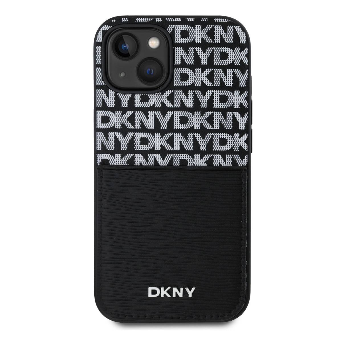 Una custodia per telefono DKNY in bianco e nero. La parte superiore ha una fotocamera, la parte inferiore una tasca e il logo DKNY.