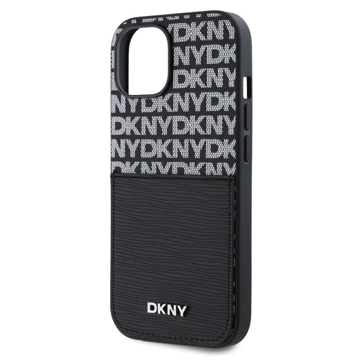 Una custodia per telefono DKNY nera. La parte superiore ha un motivo DKNY bianco. La parte inferiore è nera e ha una superficie strutturata. Il logo DKNY è in basso.
