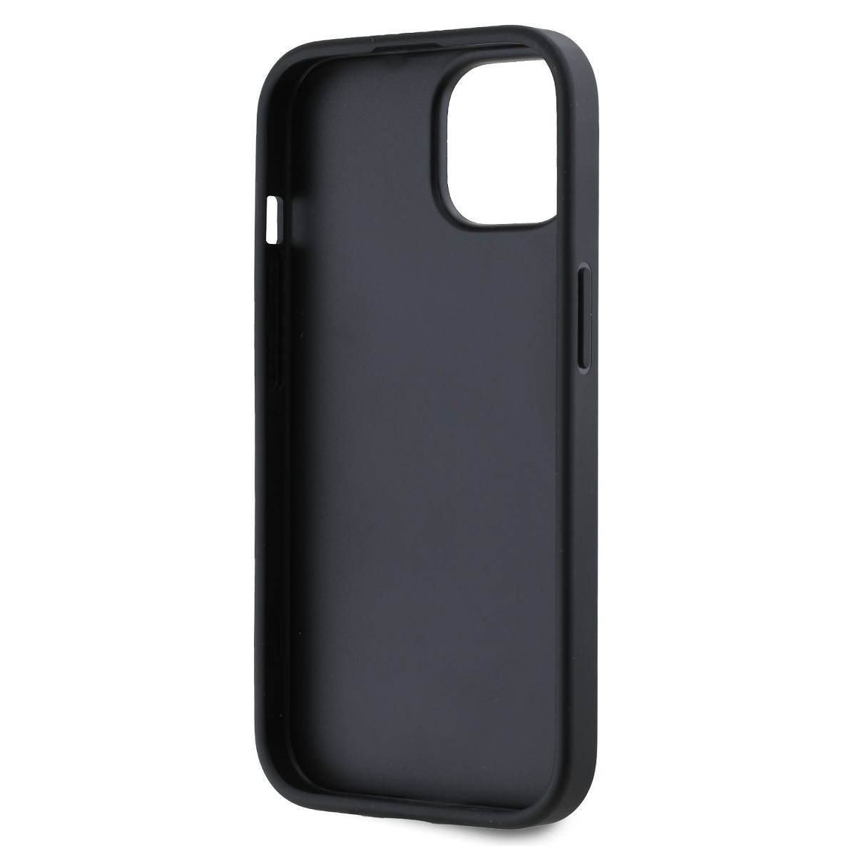 Una custodia per telefono grigio scuro. Ha aperture per la fotocamera e i pulsanti. La custodia è liscia e ha bordi arrotondati.