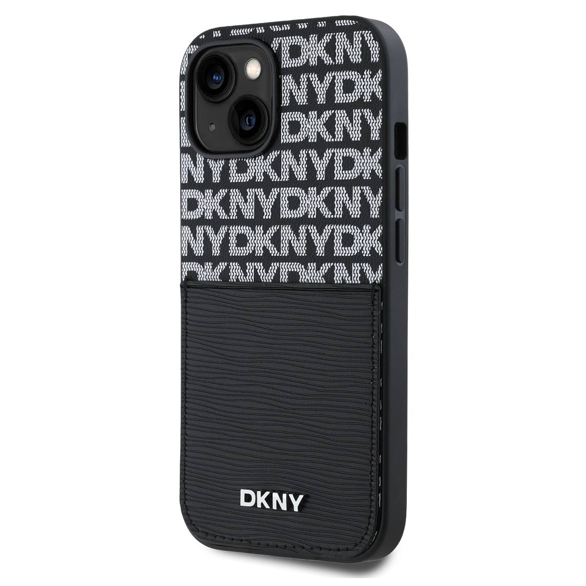 Una custodia nera per iPhone con logo DKNY. La parte superiore ha un motivo DKNY bianco, e quella inferiore un design nero strutturato.