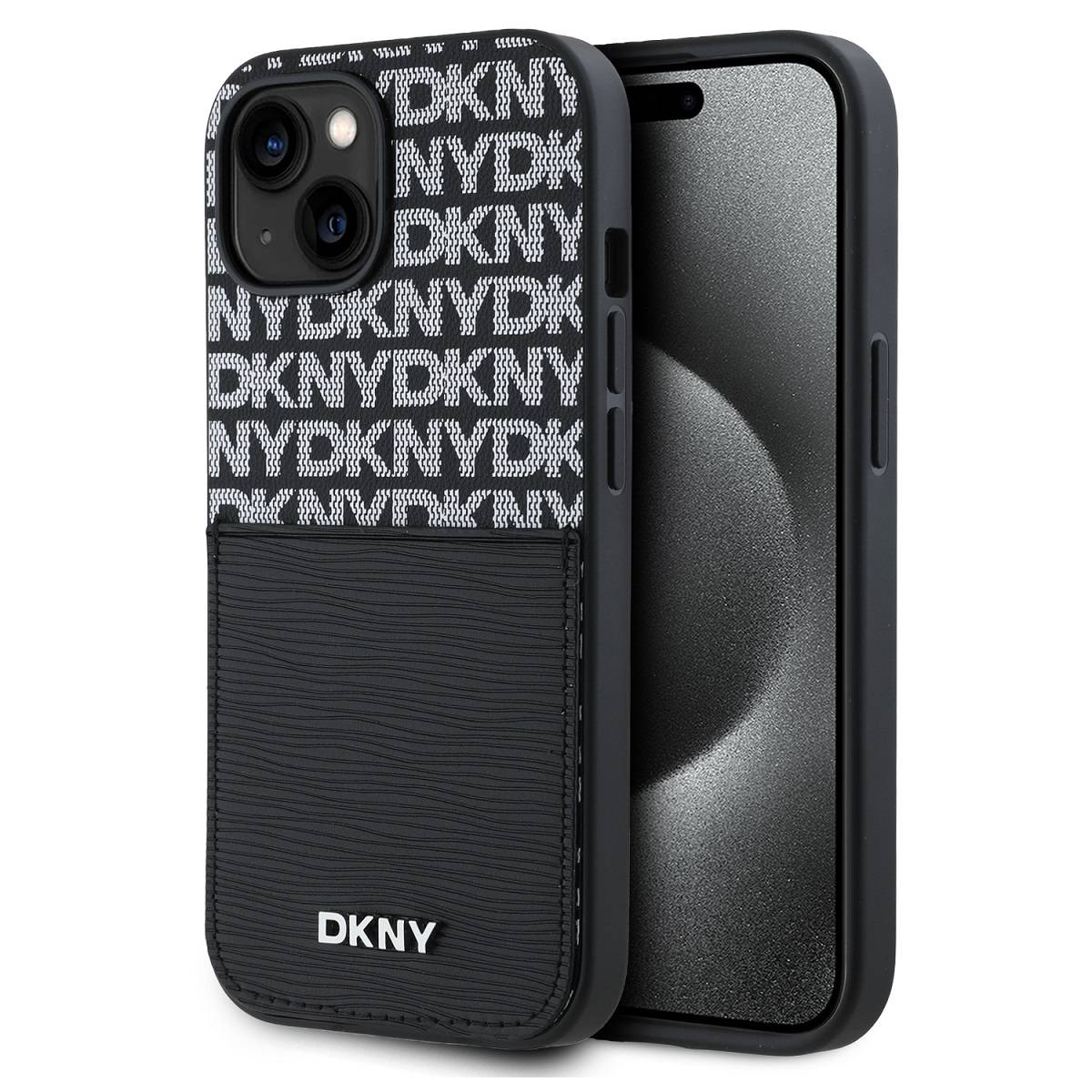 Custodia per iPhone nera con logo e motivo DKNY bianchi. Anche il telefono è nero. La custodia ha un porta carte e una superficie strutturata.