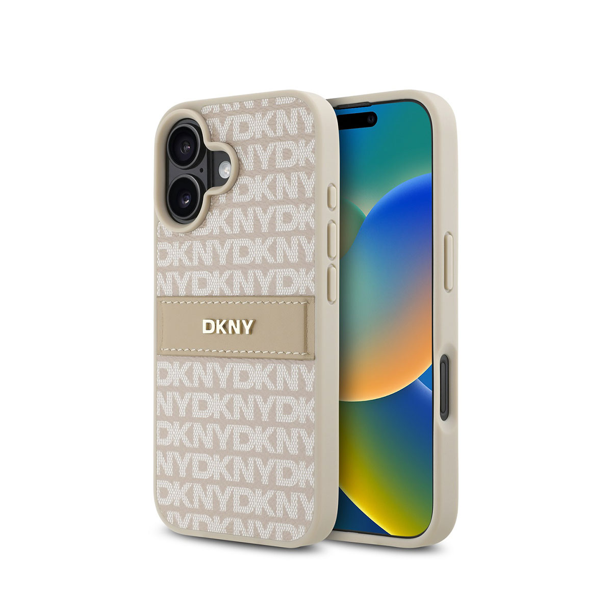 Custodia beige DKNY con telefono. La custodia ha loghi DKNY, lo schermo mostra uno sfondo colorato.