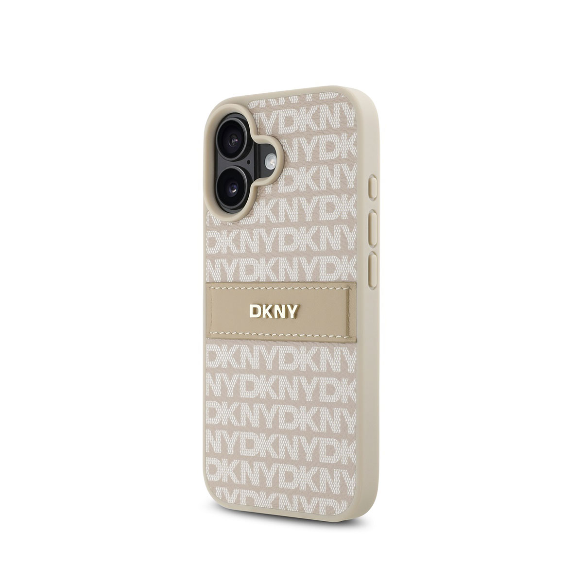 Una custodia per telefono DKNY beige con un motivo 'DKNY' e 'NYDK' bianchi. La custodia ha il logo DKNY e la fotocamera.